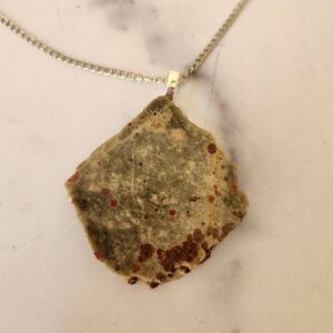 Womens smooth stone rough edge rock silver long chain earth jasper green brown